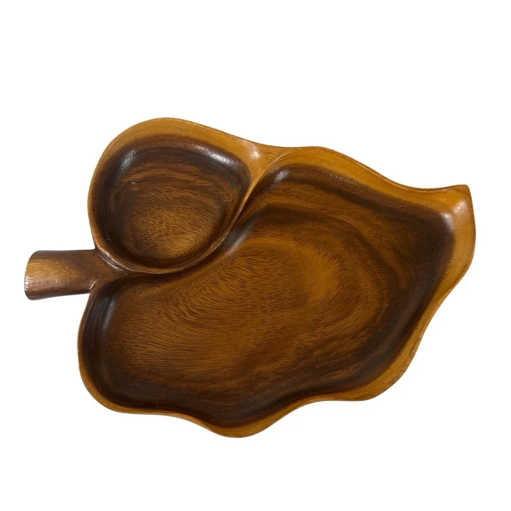Vintage Signed  Honolulu Hawaii Wooden Monkey Pod Leaf Serving Tray